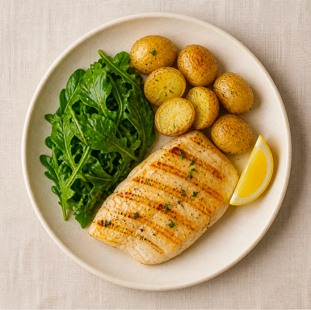 A plate of fish, potatoes and greens shared with friends